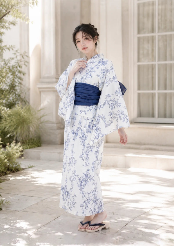 【浴衣販売】セパレート浴衣帯つきセット白地に青のデザインがトワル・ド・ジュイを連想させる/WY-13