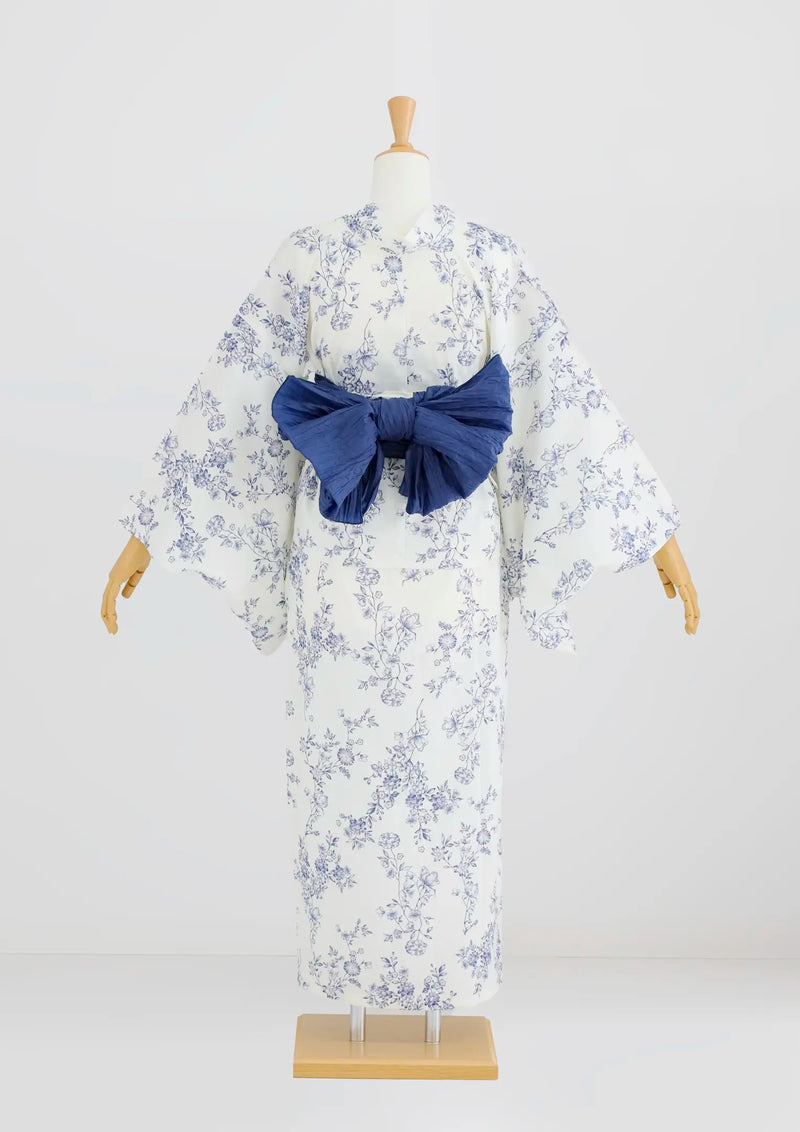アジサイデザイン 浴衣 2WAYスタイル　セパレート　白帯付き 浴衣販売】セパレート2way浴衣帯つきセット白地に青のデザインがトワル