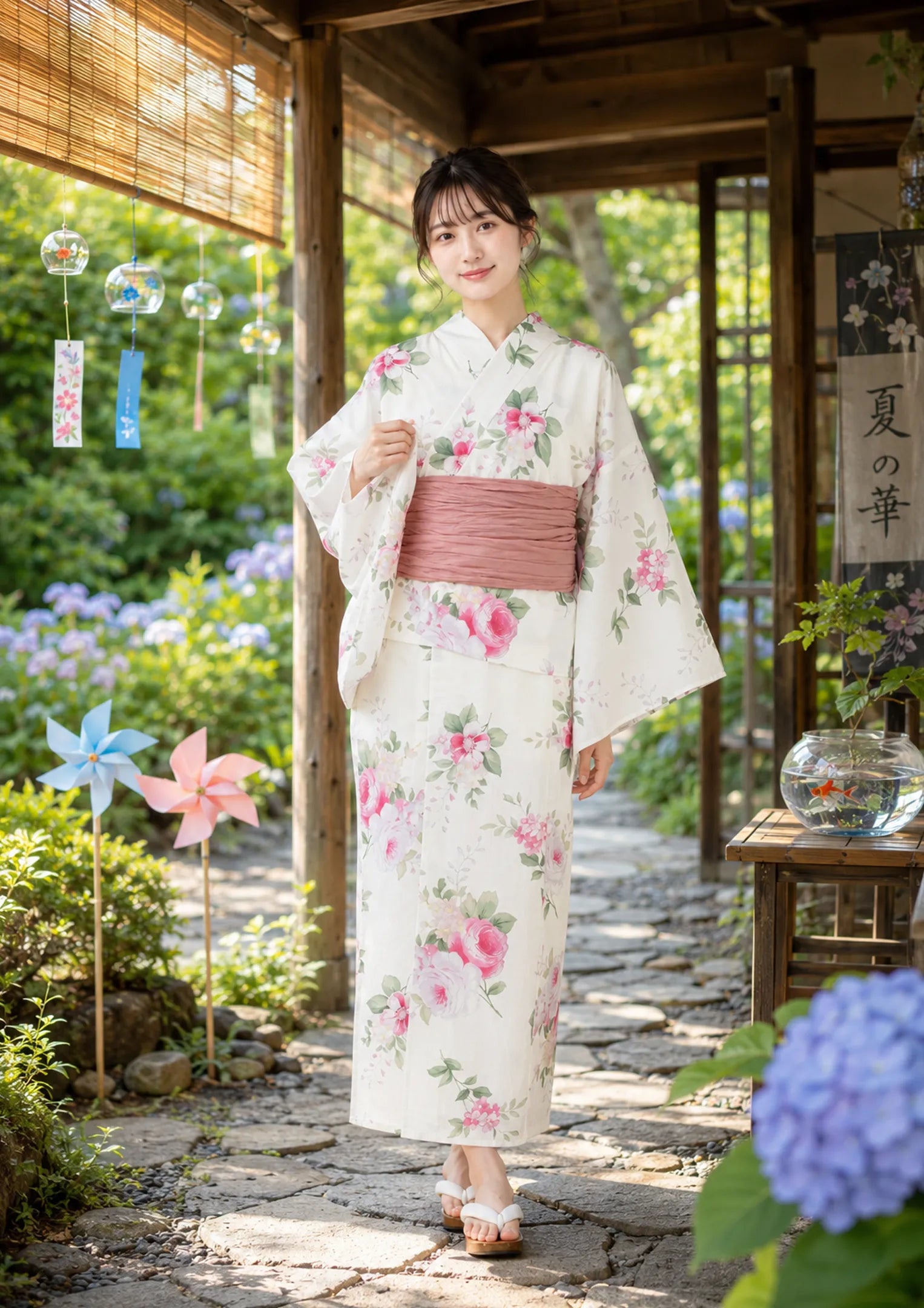 浴衣販売】セパレート2way浴衣帯つきセット可愛い白地にピンクローズ
