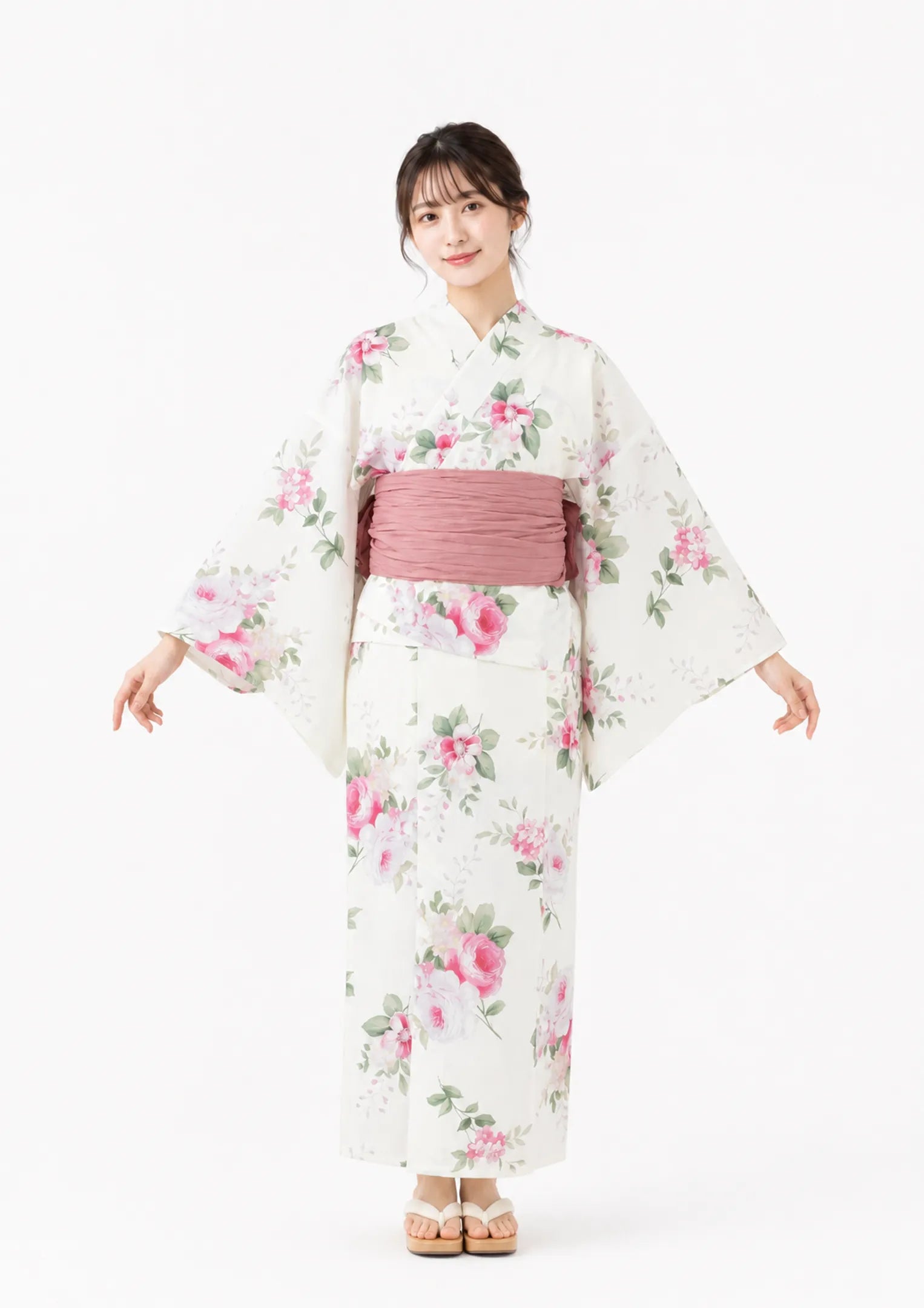 【浴衣販売】セパレート浴衣帯つきセット可愛い白地にピンクローズ/WY-1