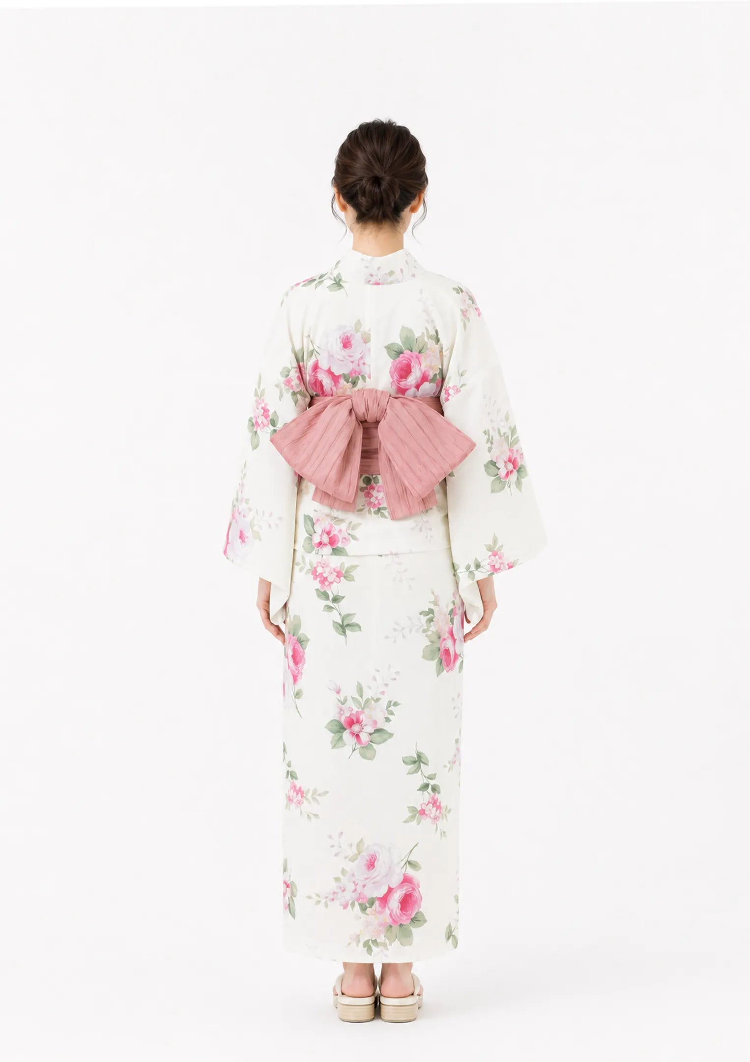 【浴衣販売】セパレート浴衣帯つきセット可愛い白地にピンクローズ/WY-1