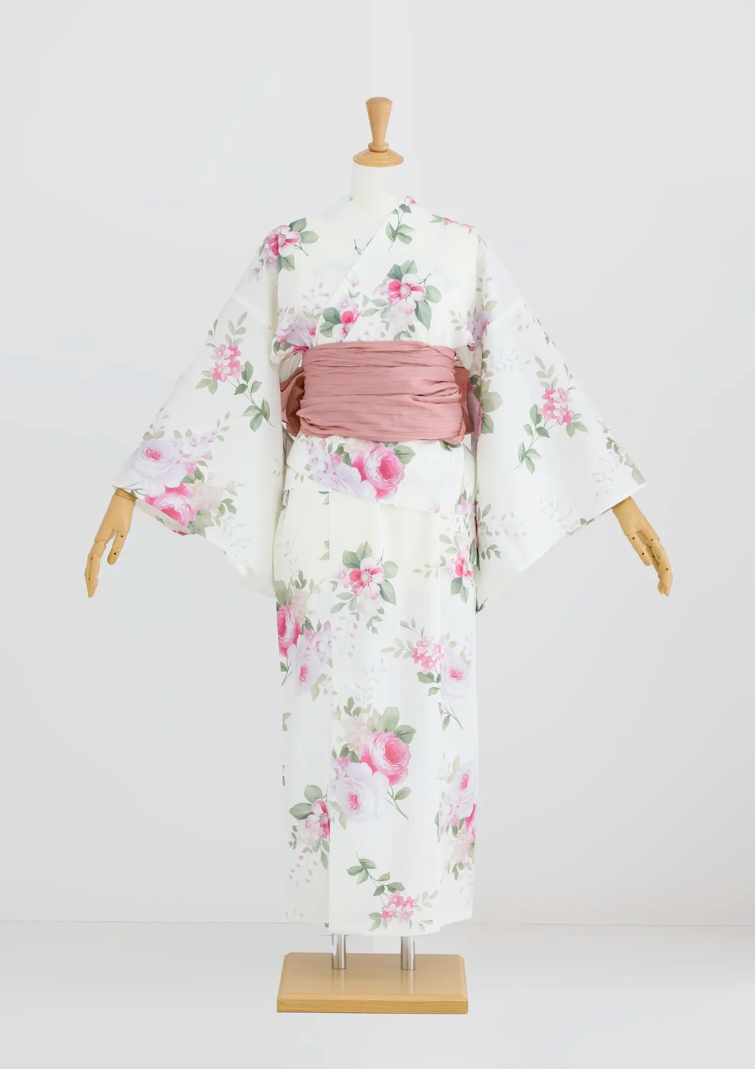 【浴衣販売】セパレート浴衣帯つきセット可愛い白地にピンクローズ/WY-1