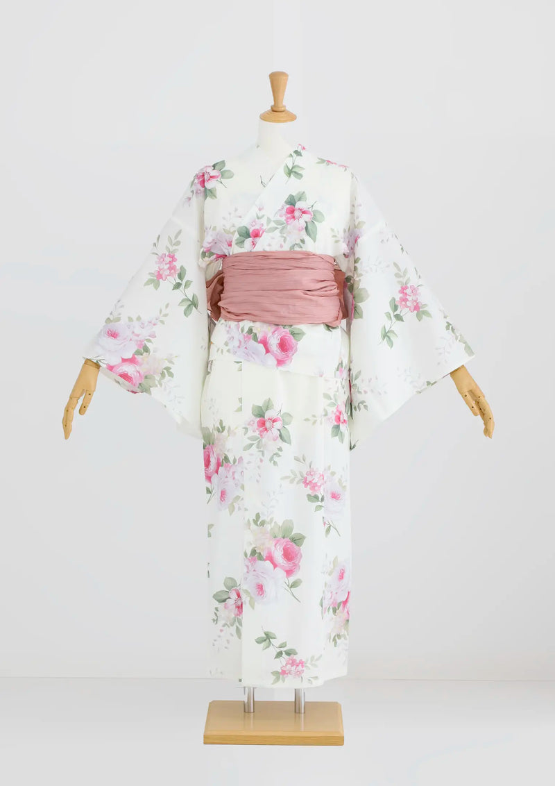 浴衣販売】セパレート2way浴衣帯つきセット可愛い白地にピンクローズ