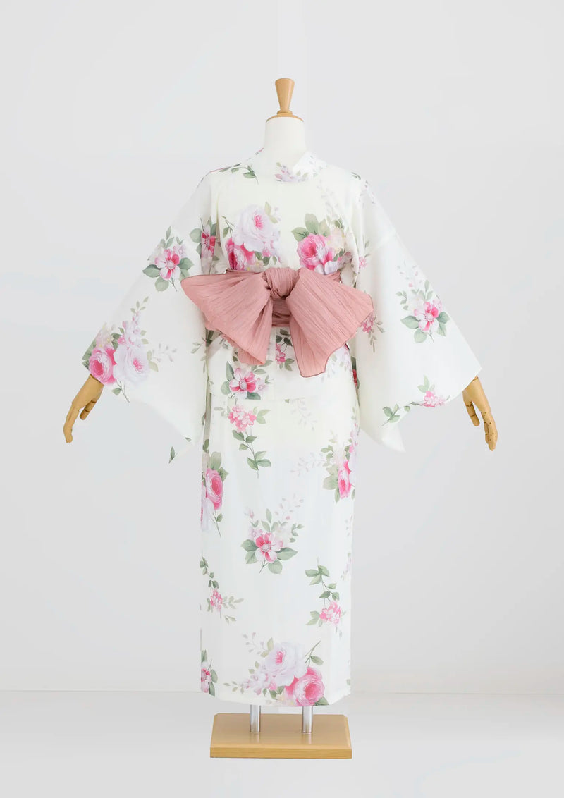 浴衣販売】セパレート2way浴衣帯つきセット可愛い白地にピンクローズ