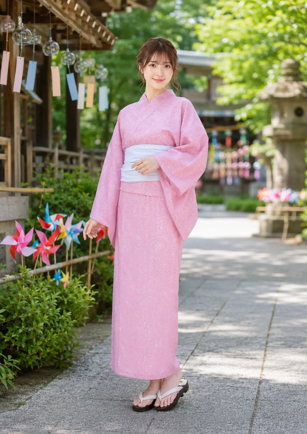 【浴衣販売】セパレート浴衣帯つきセットピンク地に白いローズの描写がかわいい/WY-2