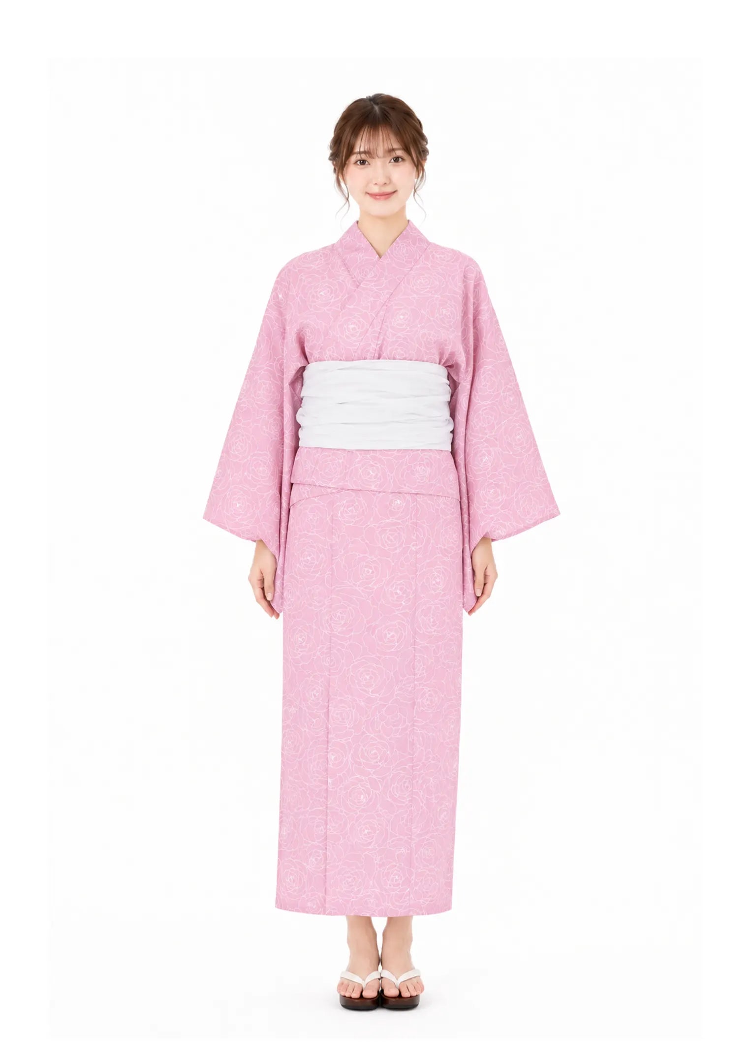 【浴衣販売】セパレート浴衣帯つきセットピンク地に白いローズの描写がかわいい/WY-2