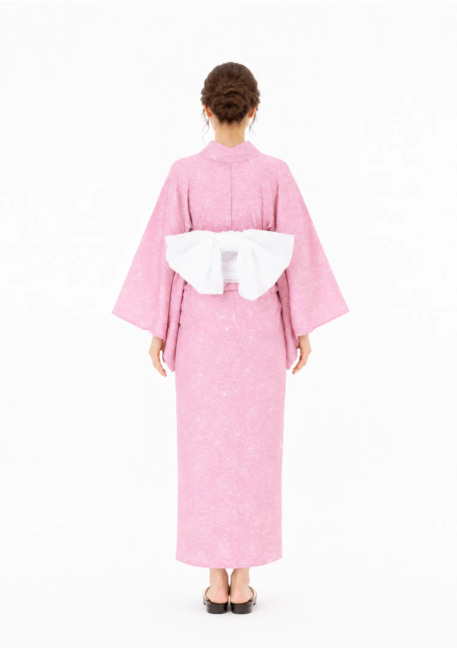 【浴衣販売】セパレート浴衣帯つきセットピンク地に白いローズの描写がかわいい/WY-2
