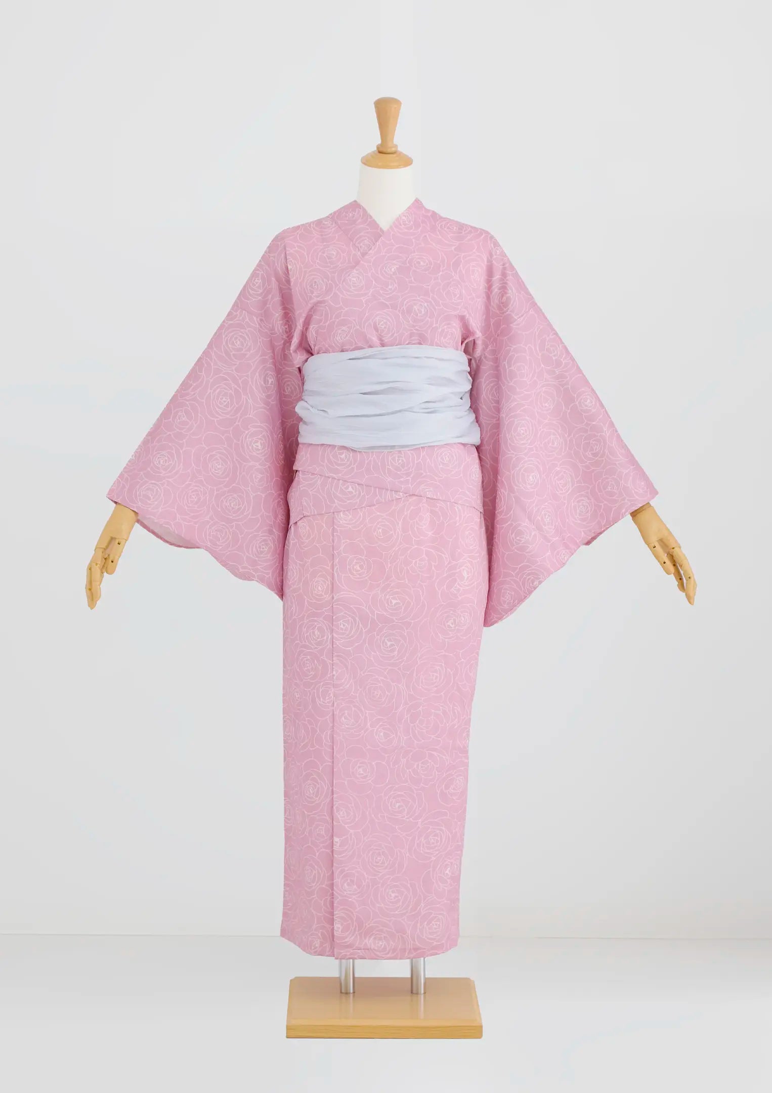【浴衣販売】セパレート浴衣帯つきセットピンク地に白いローズの描写がかわいい/WY-2