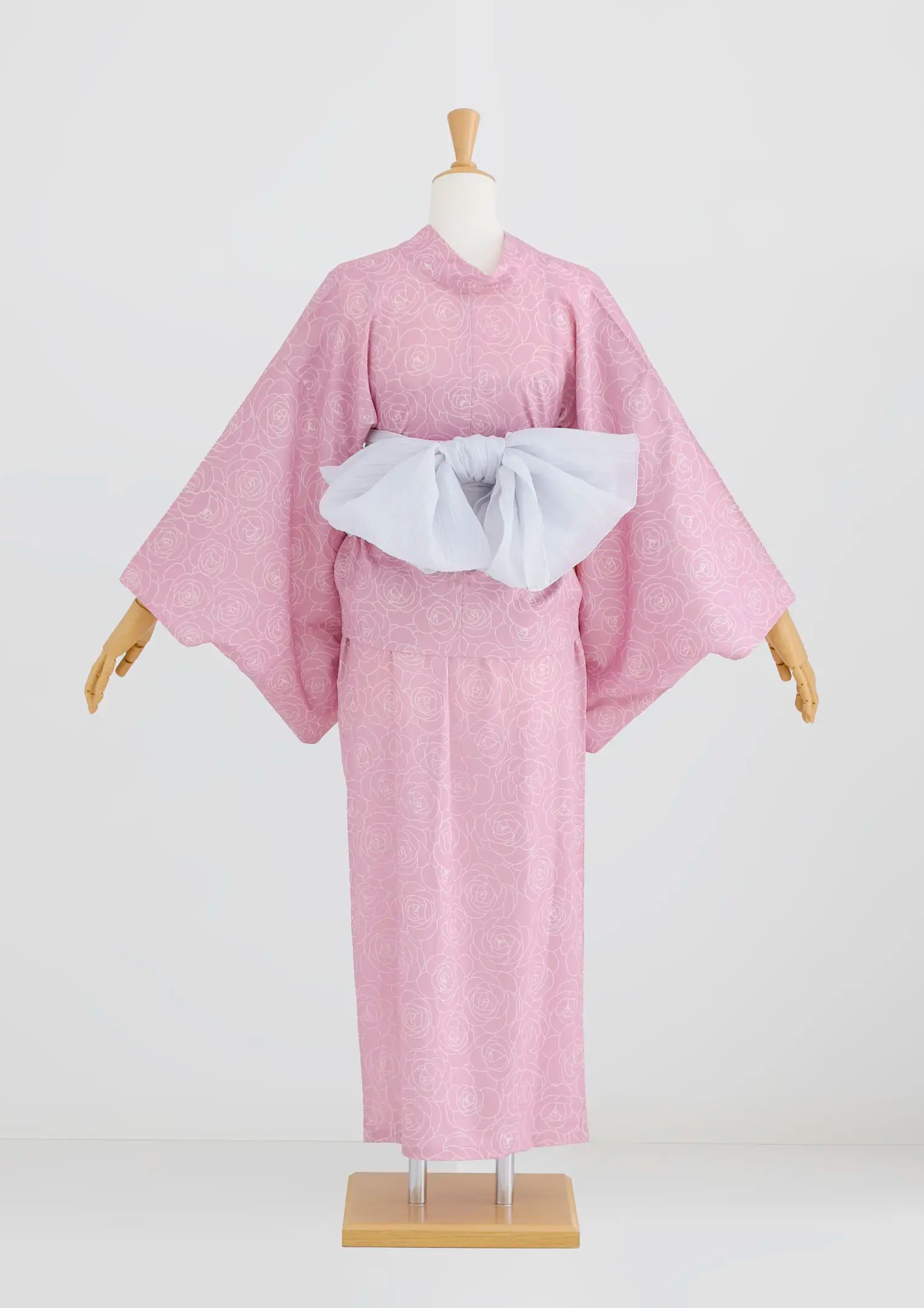 【浴衣販売】セパレート浴衣帯つきセットピンク地に白いローズの描写がかわいい/WY-2