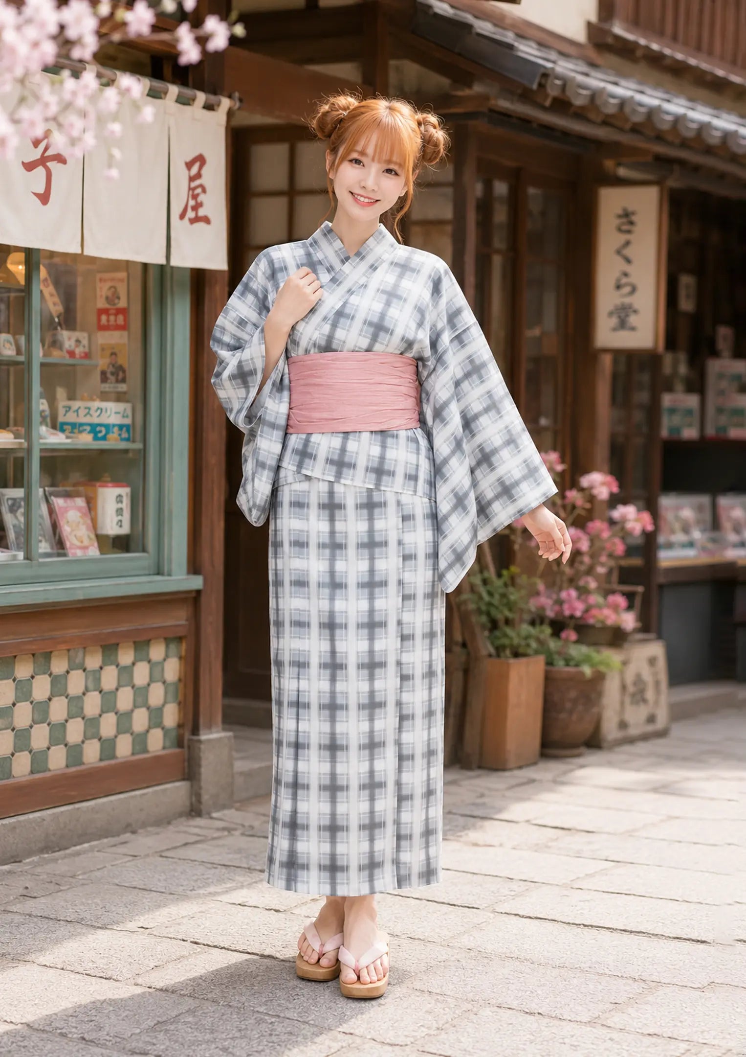 【浴衣販売】セパレート浴衣帯つきセット珍しいモダンなチェック柄/WY-4