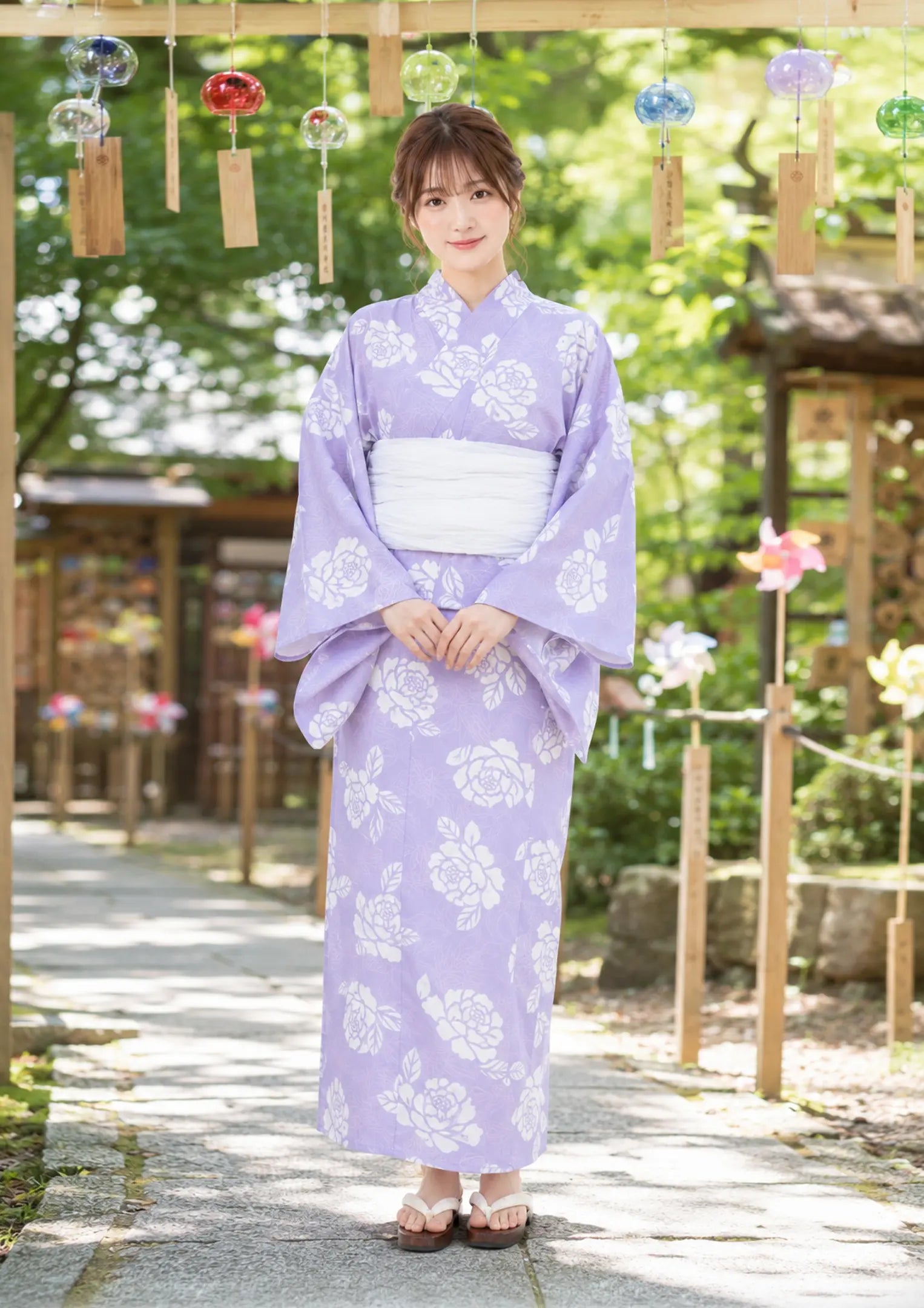 【浴衣販売】セパレート浴衣帯つきセット薄紫に白の組み合わせでガーリーに/WY-6
