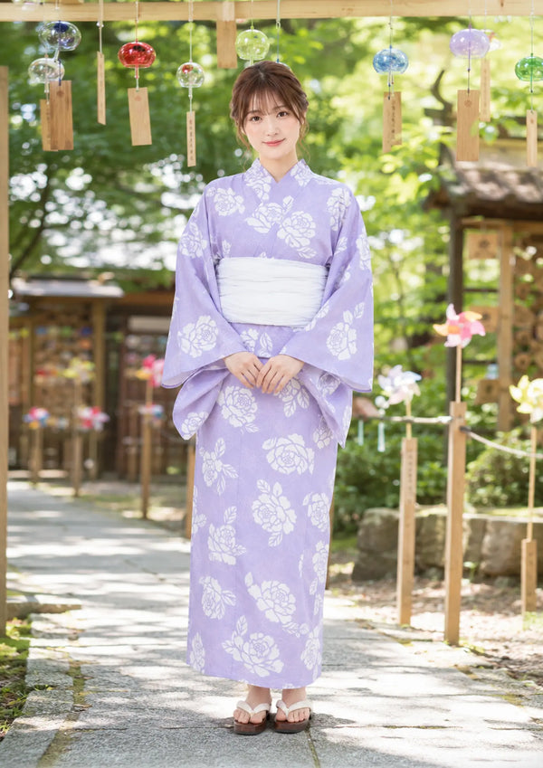 【浴衣販売】セパレート浴衣帯つきセット薄紫に白の組み合わせでガーリーに/WY-6