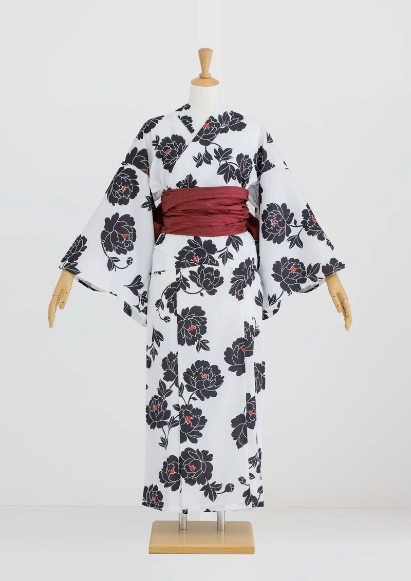 浴衣販売】セパレート2way浴衣帯つきセット白地×黒柄にえんじ帯で甘辛