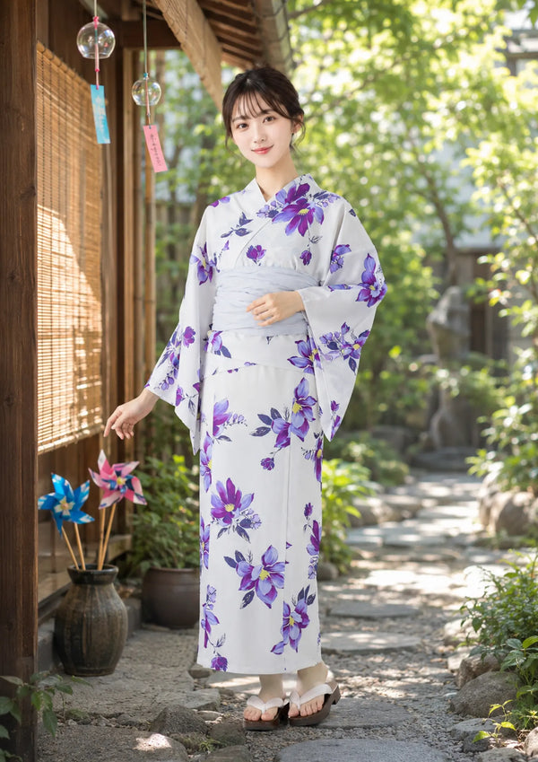 【浴衣販売】セパレート浴衣帯つきセット白地に紫の花で爽やかに大人っぽく/WY-8
