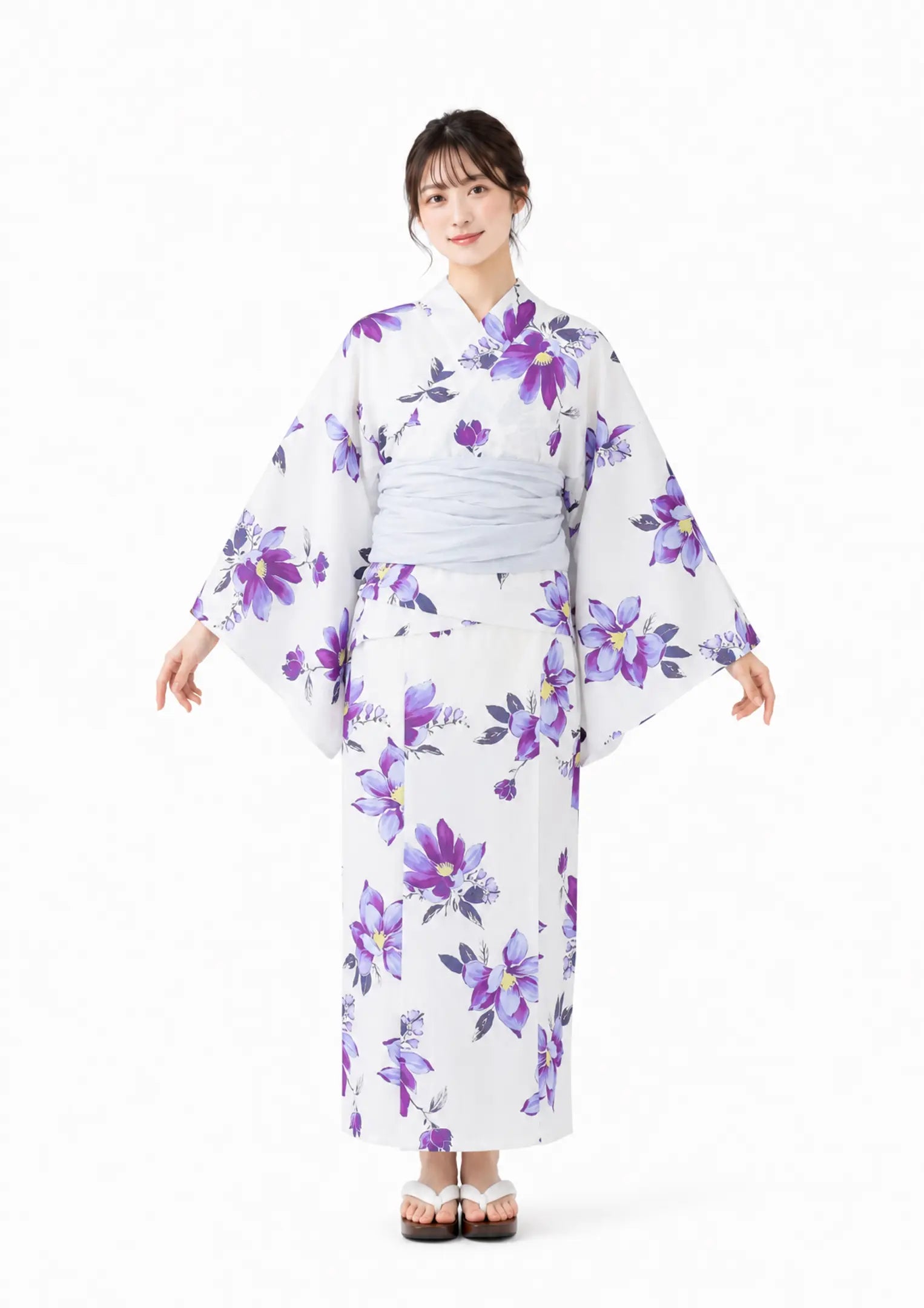 【浴衣販売】セパレート浴衣帯つきセット白地に紫の花で爽やかに大人っぽく/WY-8