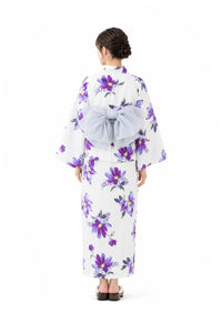 【浴衣販売】セパレート浴衣帯つきセット白地に紫の花で爽やかに大人っぽく/WY-8