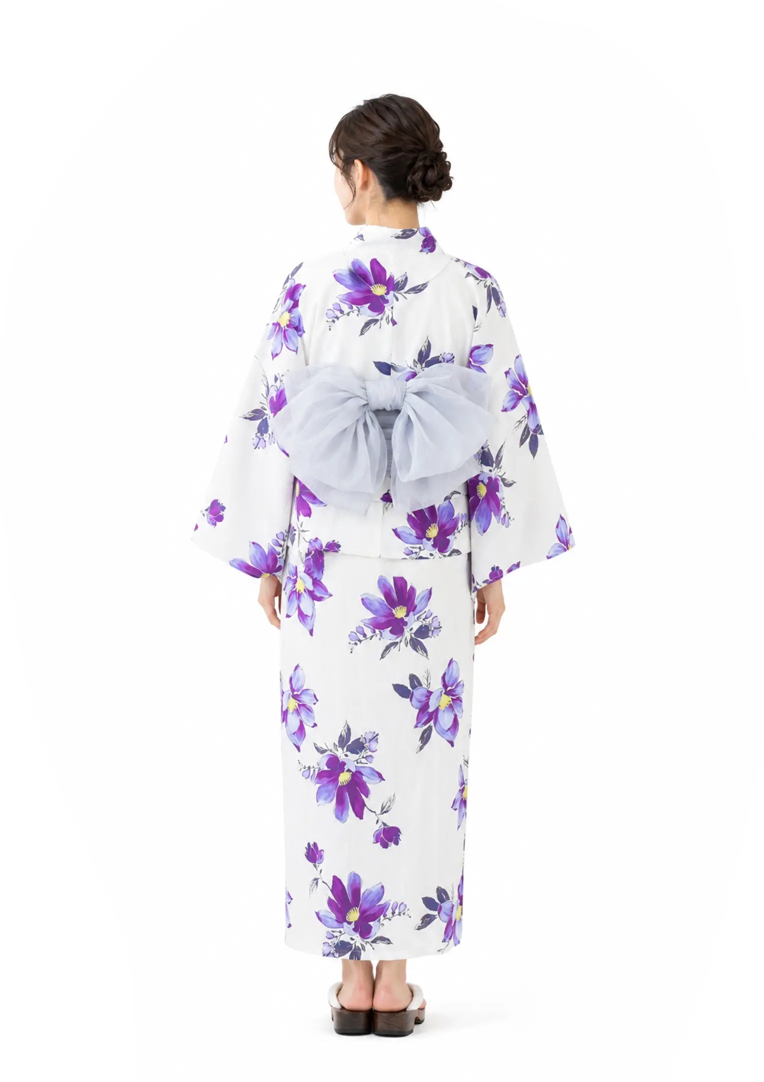 【浴衣販売】セパレート浴衣帯つきセット白地に紫の花で爽やかに大人っぽく/WY-8