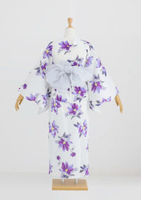 【浴衣販売】セパレート浴衣帯つきセット白地に紫の花で爽やかに大人っぽく/WY-8