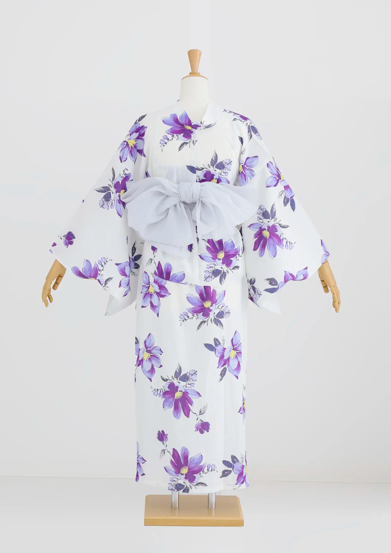 【浴衣販売】セパレート浴衣帯つきセット白地に紫の花で爽やかに大人っぽく/WY-8