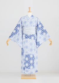 【浴衣販売】セパレート浴衣帯つきセット夏らしい清涼感ある青色に白の麻の葉模様/WY-9