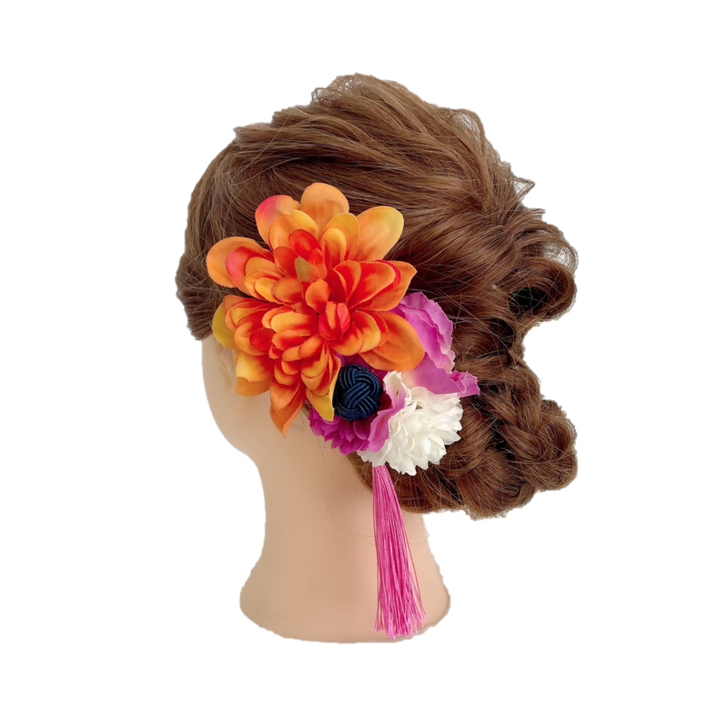 【髪飾り：パッと華やかなオレンジとピンクの花飾りセット】hair-34