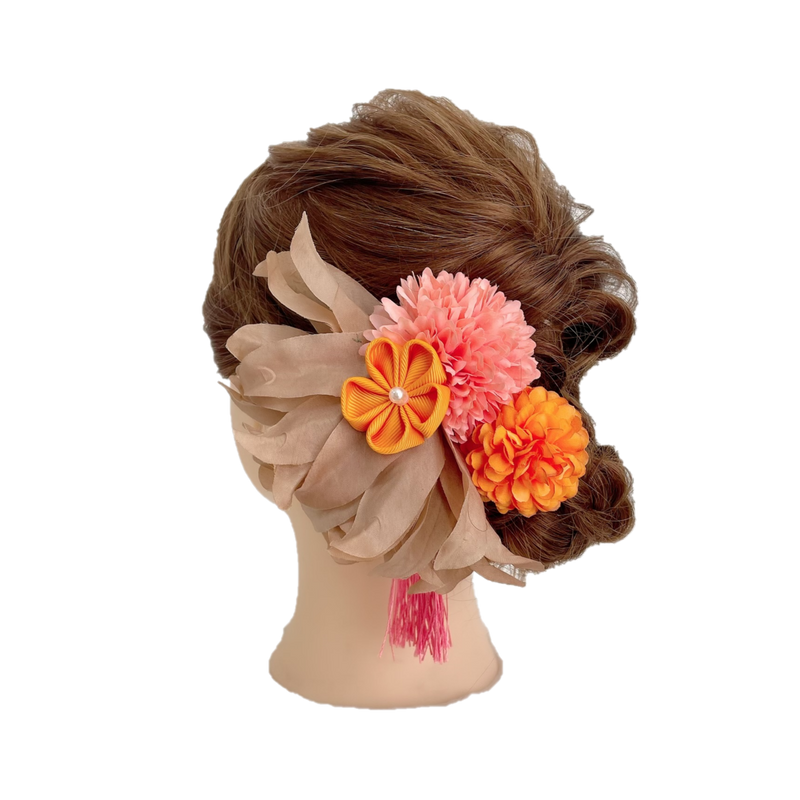 【髪飾り：ベージュのシアー素材にオレンジの花がついた豪華セット】hair-40