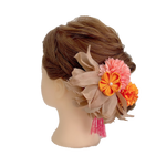 【髪飾り：ベージュのシアー素材にオレンジの花がついた豪華セット】hair-40