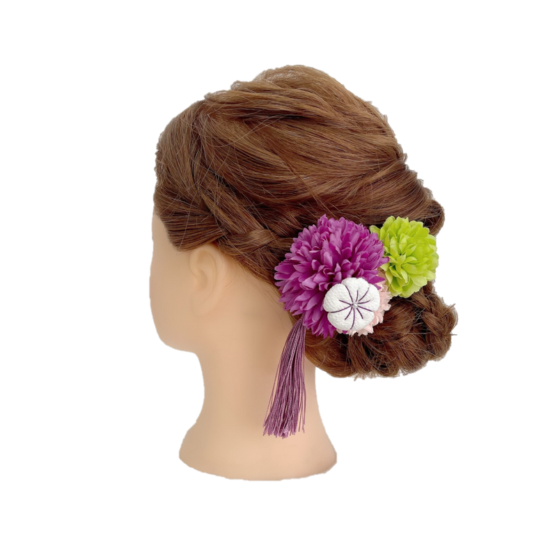【髪飾り：紫と緑の大きい花にワンポイントのちりめん飾り】hair-4