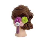 【髪飾り：紫と緑の大きい花にワンポイントのちりめん飾り】hair-4