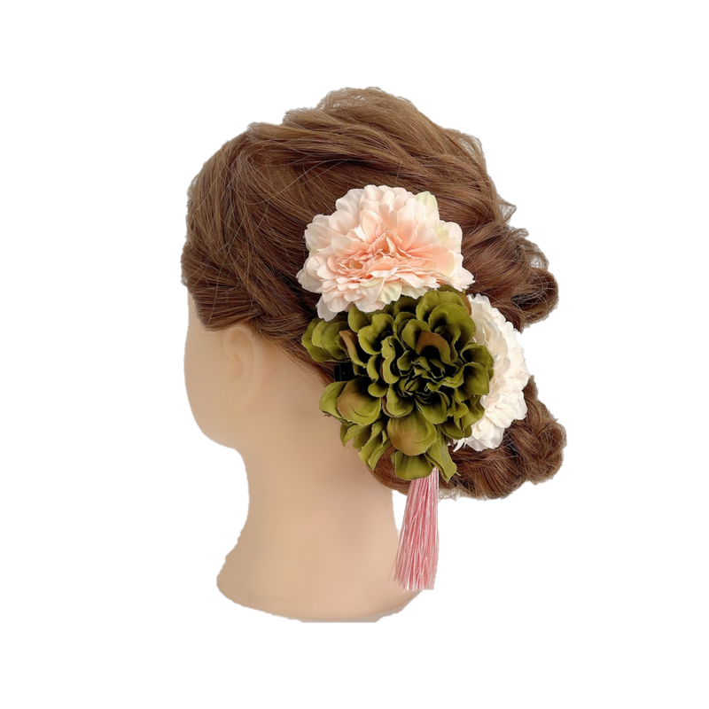 【髪飾り：緑と白の大きい花飾りにタッセルを添えて】レトロモダン hair-2