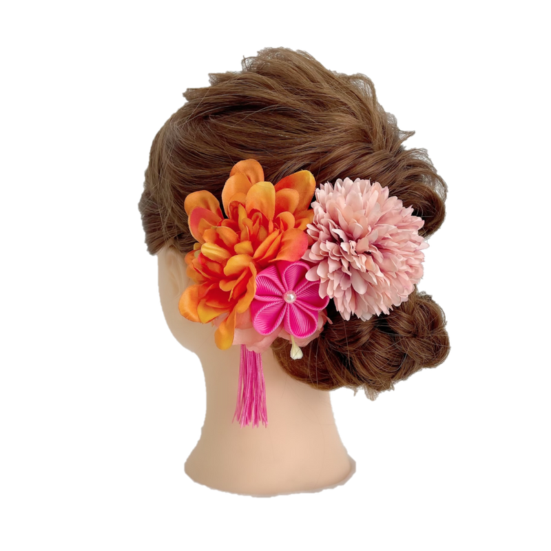 【髪飾り：オレンジとピンクの大きい花にピンクのつまみ細工で慎ましく】hair-38