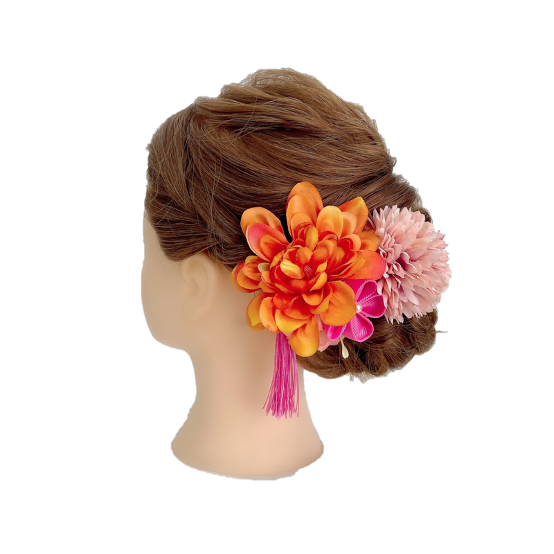 【髪飾り：オレンジとピンクの大きい花にピンクのつまみ細工で慎ましく】hair-38
