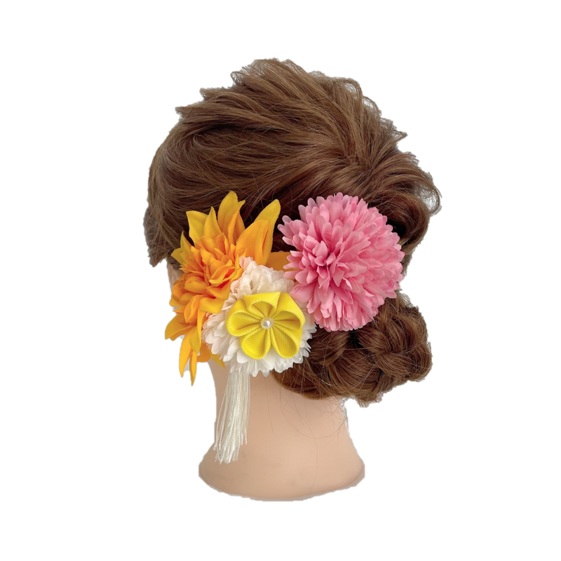 【髪飾り：黄色とピンクの大きい花飾りにタッセルを添えて】hair-42