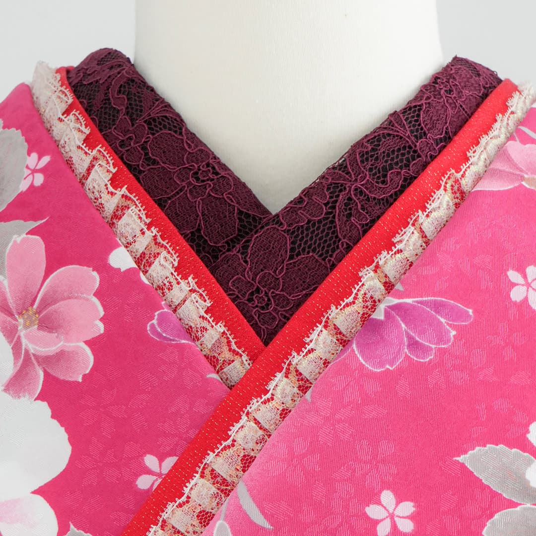 半衿販売：和装小物】キモノハーツオリジナル花柄レースえんじ