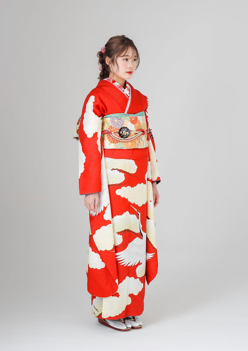【振袖レンタル：鶴と雲】赤と白に松のデザインがめでたく成人式にぴったり