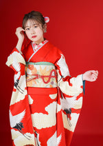 【振袖レンタル：鶴と雲】赤と白に松のデザインがめでたく成人式にぴったり