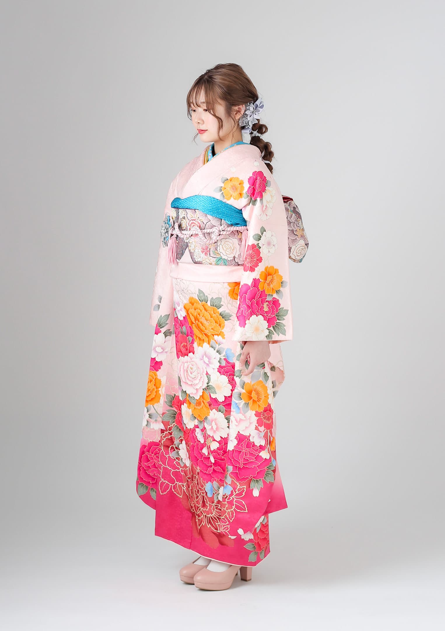 振袖ネットレンタル：ロマンティックガーリー】ピンク×薔薇/C-049