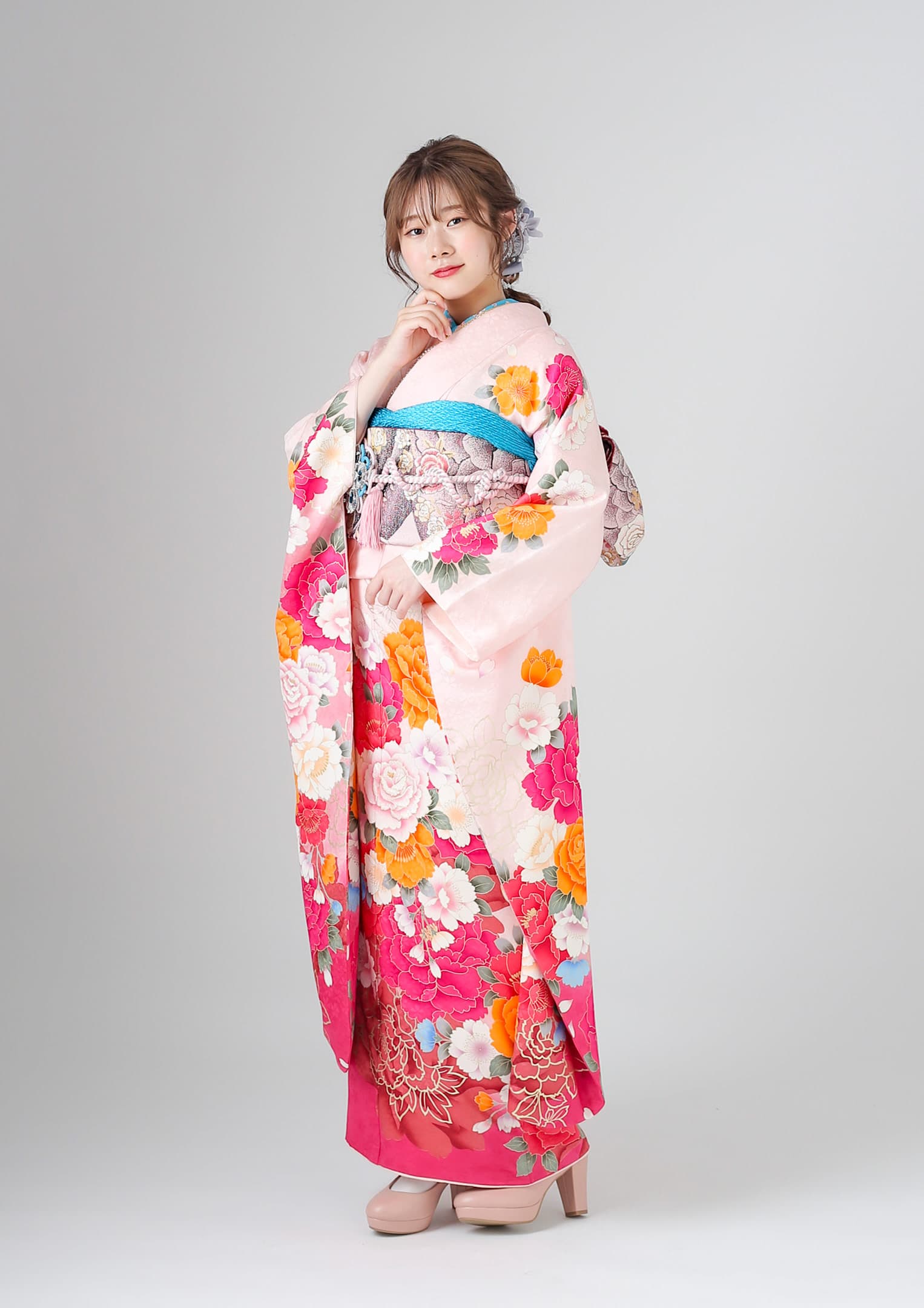 振袖ネットレンタル：ロマンティックガーリー】ピンク×薔薇/C-049