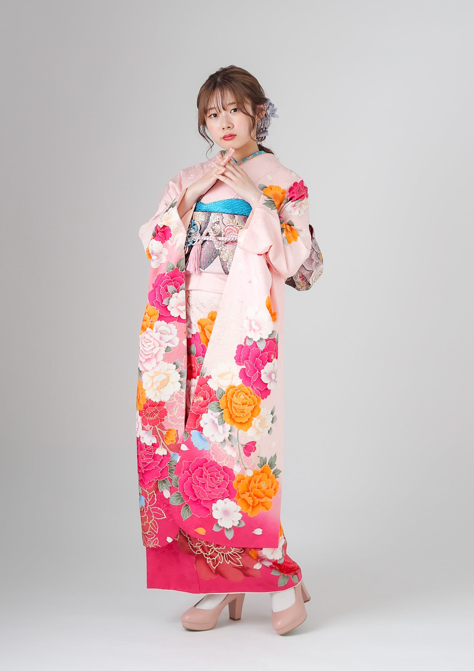 振袖ネットレンタル：ロマンティックガーリー】ピンク×薔薇/C-049