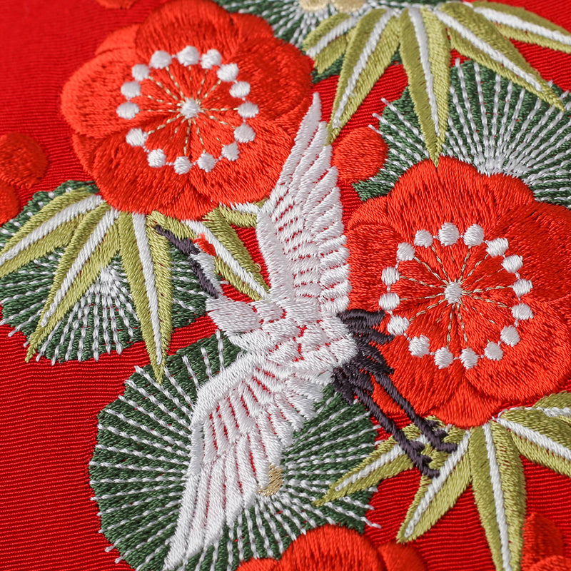 半衿：鶴と松竹梅刺繍赤