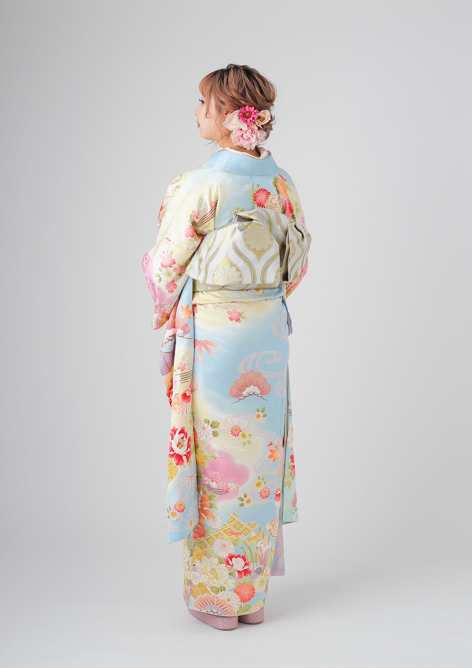 振袖ネットレンタル：水色に淡い黄色】パステルピンクが愛らしい/KH