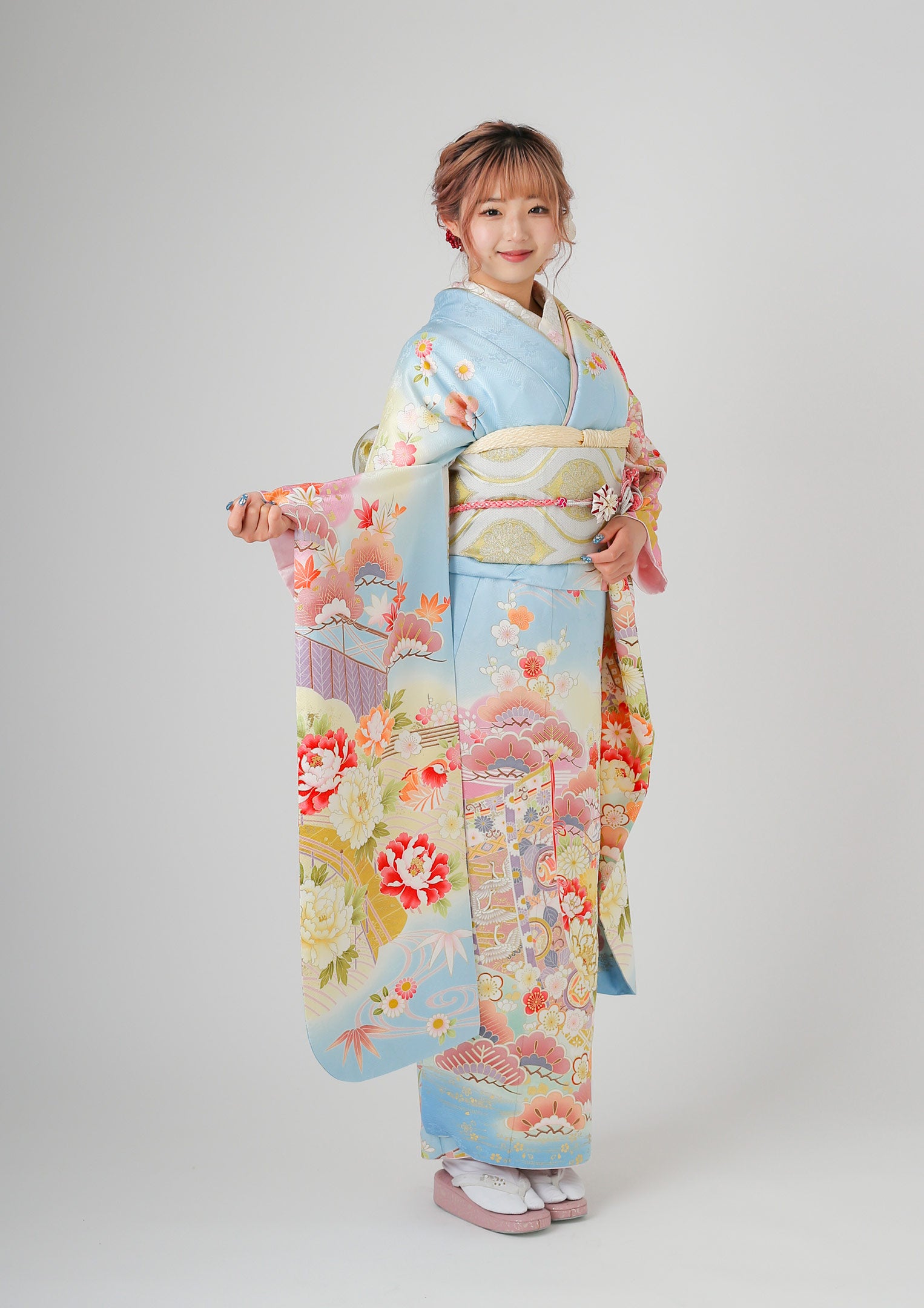 振袖ネットレンタル：水色に淡い黄色】パステルピンクが愛らしい/KH