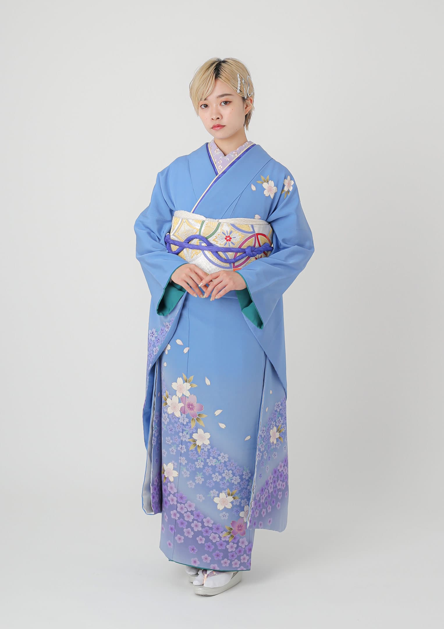 短期振袖ネットレンタル：伝統古典】流水に藤色×水色/C-058 – kimono