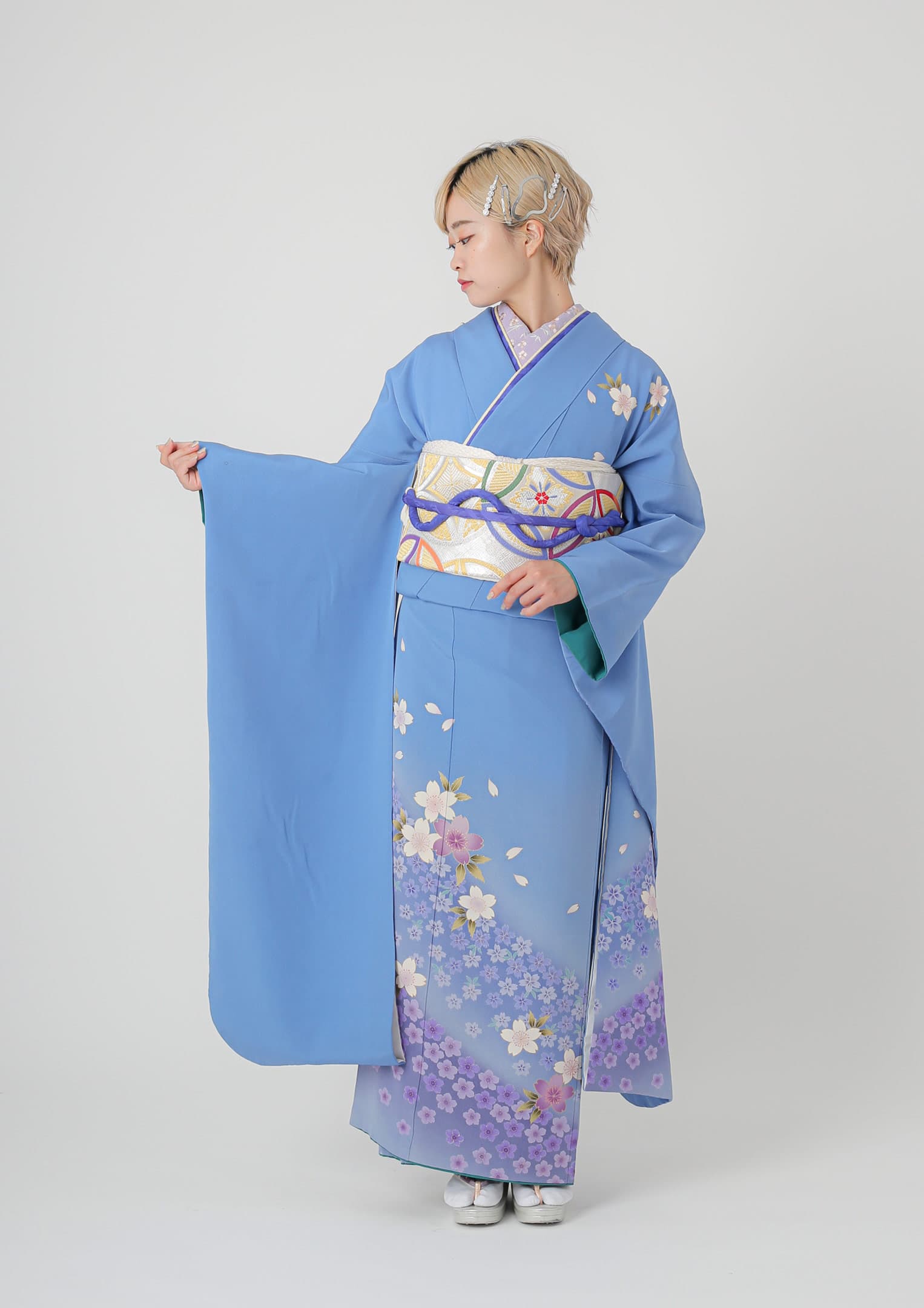 振袖ネットレンタル：伝統古典】流水に藤色×水色/C-058 – kimono