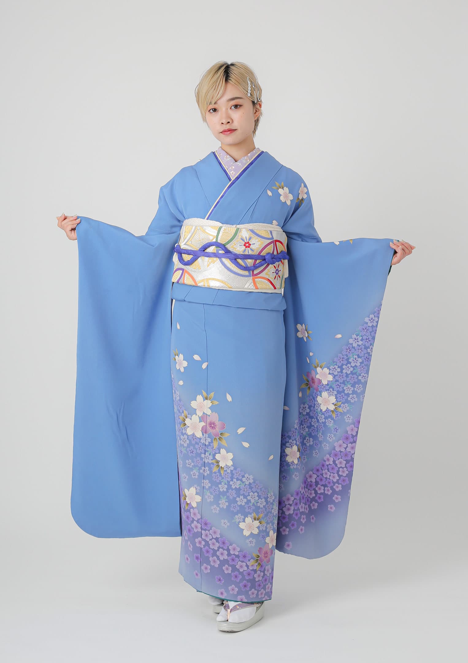 振袖ネットレンタル：伝統古典】流水に藤色×水色/C-058 – kimono