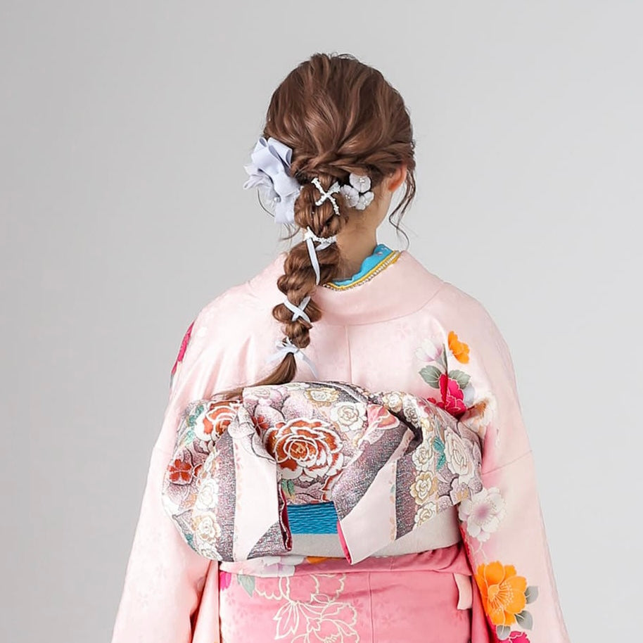 髪飾り販売：成人式・卒業式に！くすみ水色の花に編み込みにもピッタリ