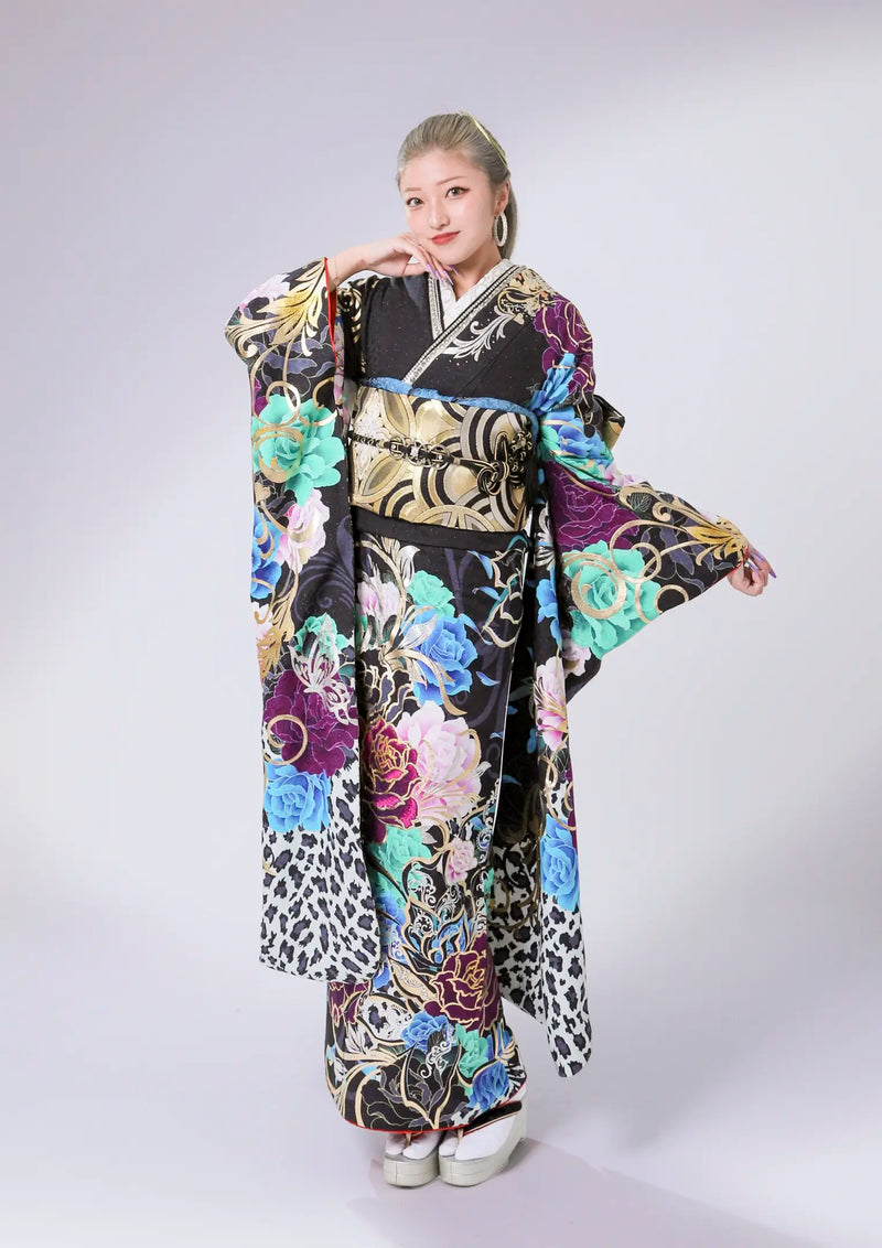 【振袖ネットレンタル：豹柄に華】一際目立つデザイン/C-201