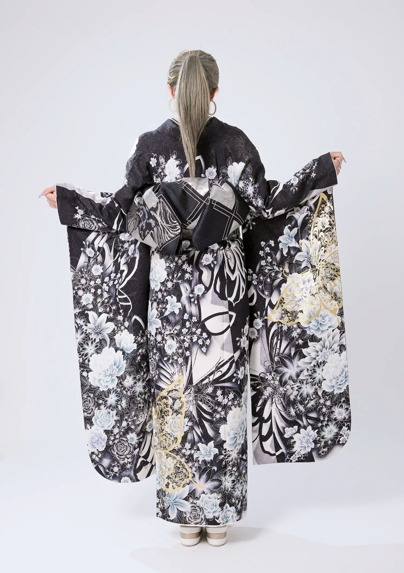【振袖ネットレンタル：黒に百花繚乱】輝く花々/C-200