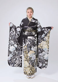 【振袖ネットレンタル：黒に百花繚乱】輝く花々/C-200