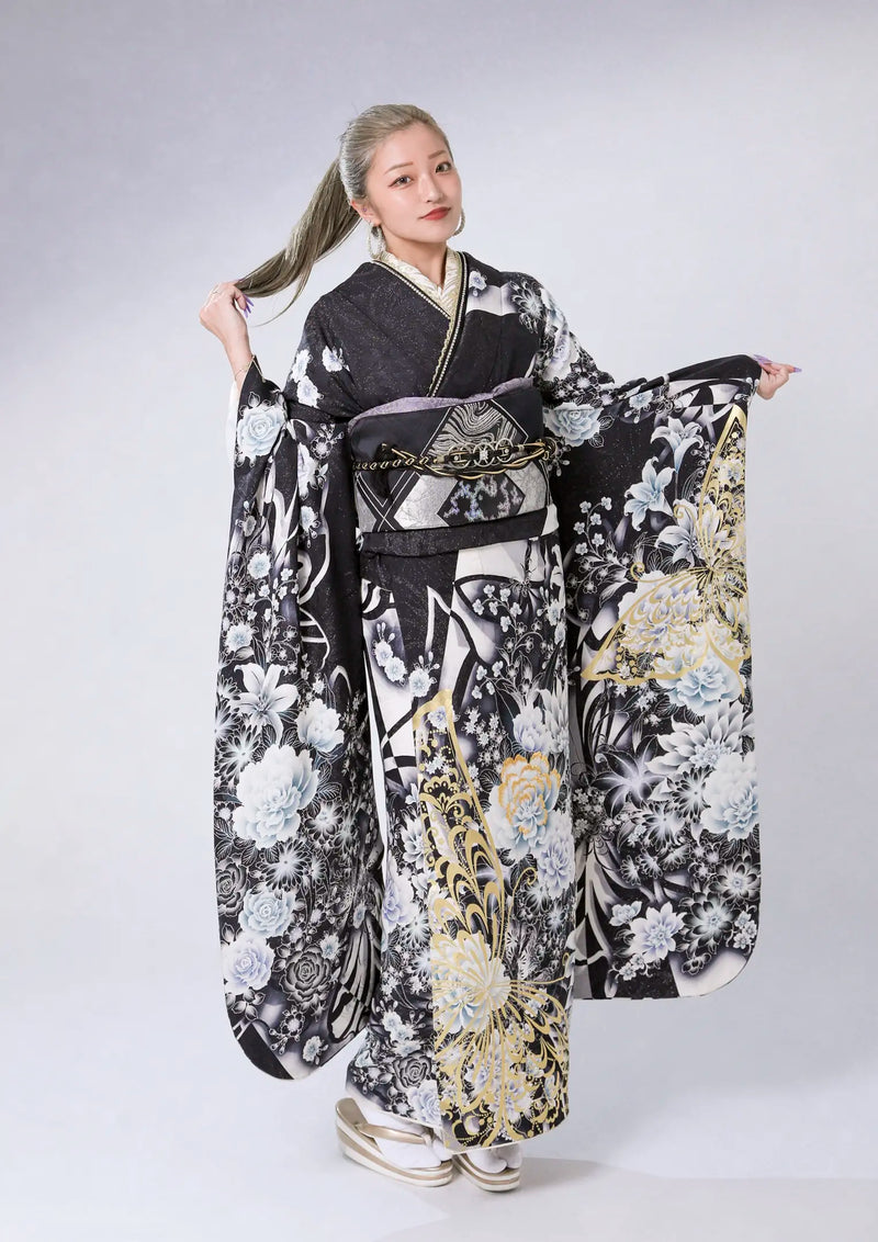【振袖ネットレンタル：黒に百花繚乱】輝く花々/C-200